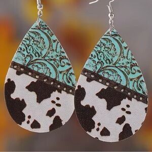 Teardrop Turquoise and Cow Print Earrings